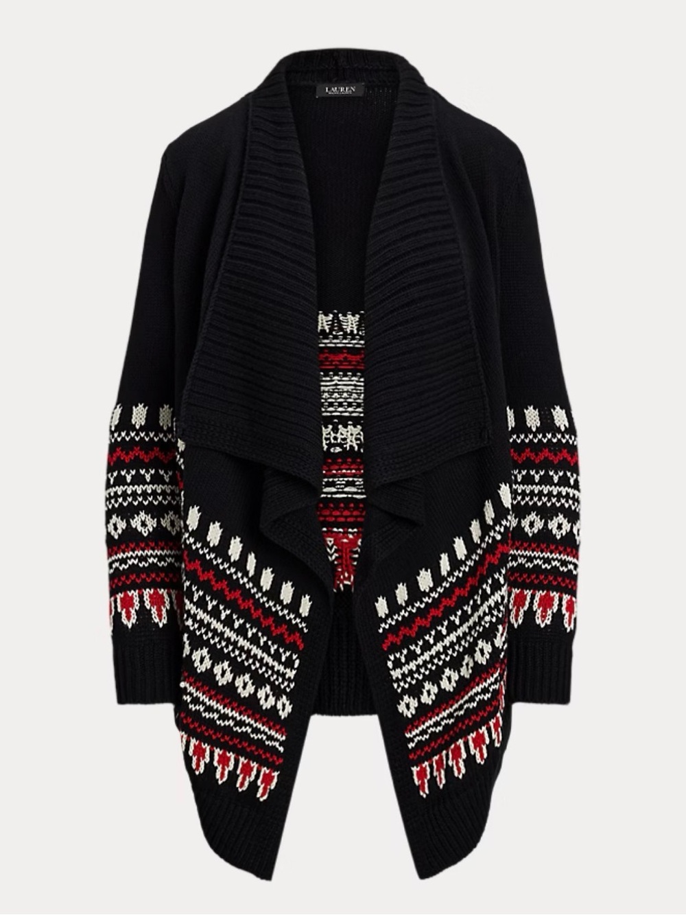 Lauren Ralph Lauren Black Open-Front Cardigan with Red & White Fair Isle Sleeves - Picture 2 of 7